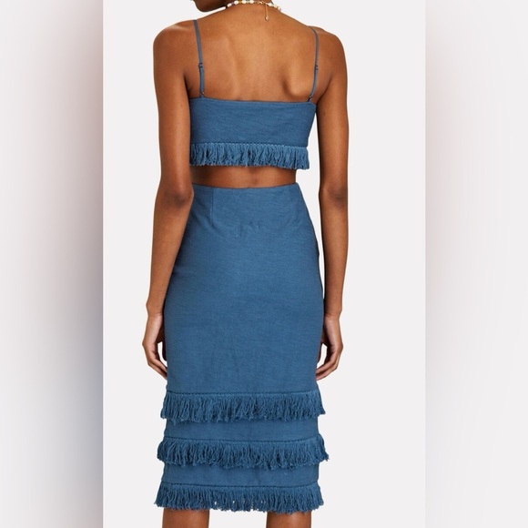 BONHEUR  D'AMOUR Blue spaghetti strap fringe open waist midi dress size L - Picture 14 of 14